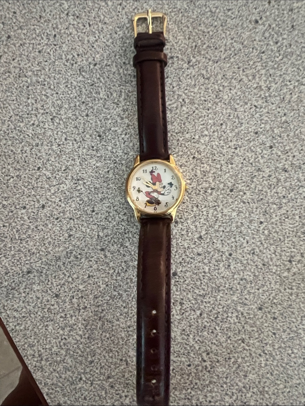 Disney Women's Minnie Mouse Gold Tone Watch with Brown Leather Strap